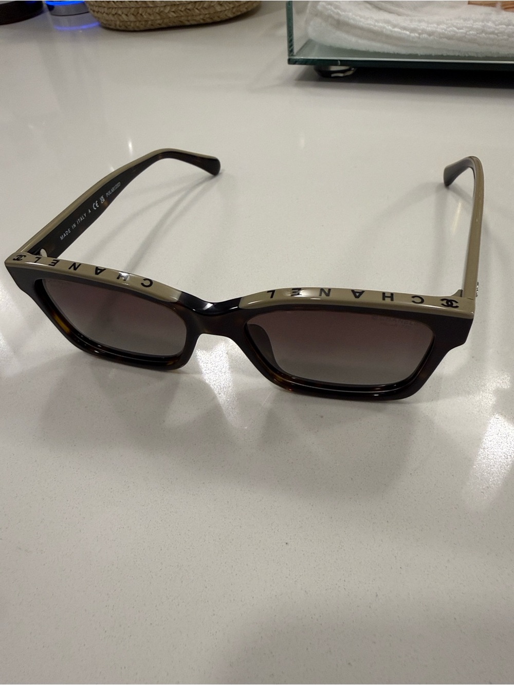 CHANEL Tortoise Frame Sunglasses with Gold Temples